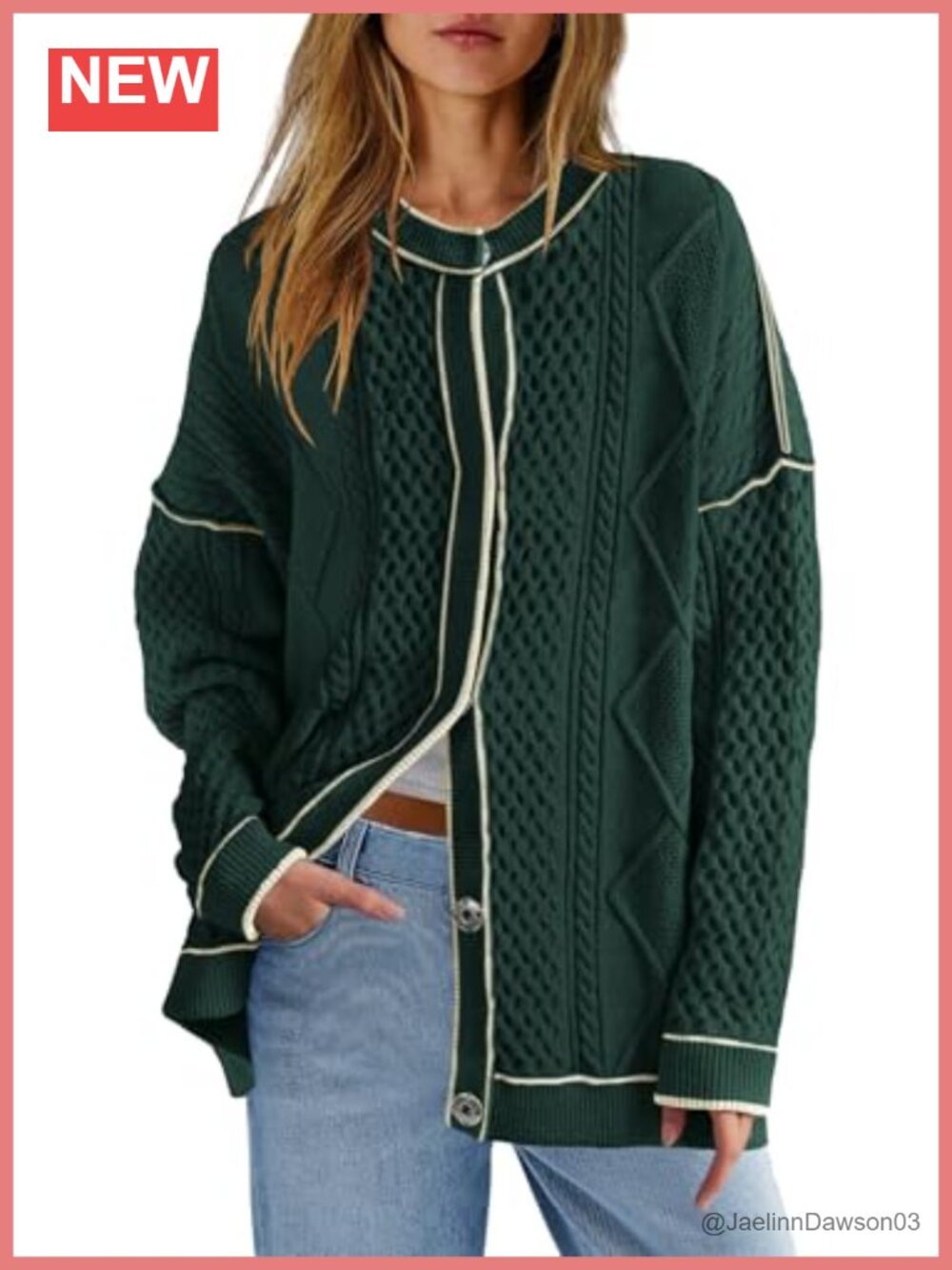 Cable Knit Oversized Cardigan Button Up Striped Sweater Jacket with Pockets